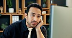 Man, bored and computer in office with reading, slow internet connection and download delay for news. Editor, tech and tired in agency with networking error, article research and creative block
