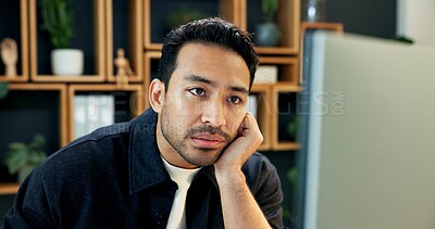 Buy stock photo Man, bored and computer in office with reading, slow internet connection and download delay for news. Editor, tech and tired in agency with networking error, article research and creative block