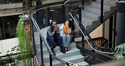 Buy stock photo People, comfort or support with colleague on staircase for bad news, job loss or mistake in office. Business, employees or coworking helping friend with empathy for understanding or reassurance