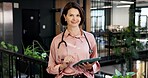 Portrait, woman or doctor with tablet in hospital for medical research, patient history or schedule. Female person, healthcare worker or smile with technology for health advice, service or help