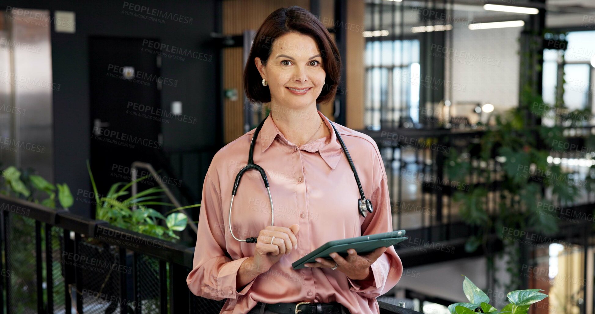 Buy stock photo Portrait, woman or doctor with tablet in hospital for medical research, patient history or schedule. Mature person, healthcare worker or smile with technology for health advice, service or help