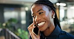 Smile, black woman and lawyer in office with phone call, discussion and trial date of court case. Happy, attorney and mobile at law firm for legal strategy, witness statement and settlement proposal