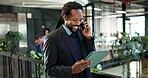 Man, lawyer and tablet in office with phone call, interview witness and trial date of court case. Smile, male attorney and tech at law firm for online evidence, confidential statement and settlement