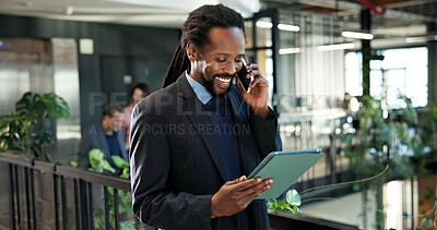 Buy stock photo Man, lawyer and tablet in office with phone call, interview witness and trial date of court case. Smile, male attorney and tech at law firm for online evidence, confidential statement and settlement