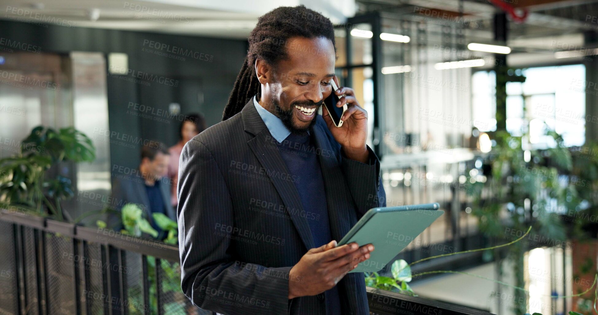 Buy stock photo Man, lawyer and tablet in office with phone call, interview witness and trial date of court case. Smile, male attorney and tech at law firm for online evidence, confidential statement and settlement