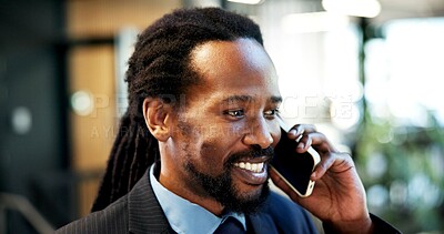 Buy stock photo Business, black man and lawyer in office with phone call, discussion and trial date of court case. Smile, mature attorney or mobile at law firm for legal advice, confidential statement and settlement