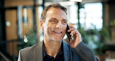 Buy stock photo Smile, man and lawyer in office with phone call, interview witness and trial date of court case. Happy, mature attorney or mobile at law firm for legal strategy, confidential statement and settlement