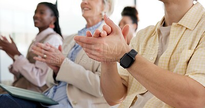 Buy stock photo Audience, man or clapping hands in conference for training, upskill workshop and target achievement. Applause, person or happy crowd at company convention, development success or business celebration