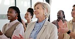 Applause, audience and woman in conference for training, upskill workshop and achievement. Clap, mature person or attendee at company convention for development success, business celebration or smile