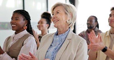 Buy stock photo Applause, audience and woman in conference for training, upskill workshop and achievement. Clap, mature person or attendee at company convention for development success, business celebration or smile