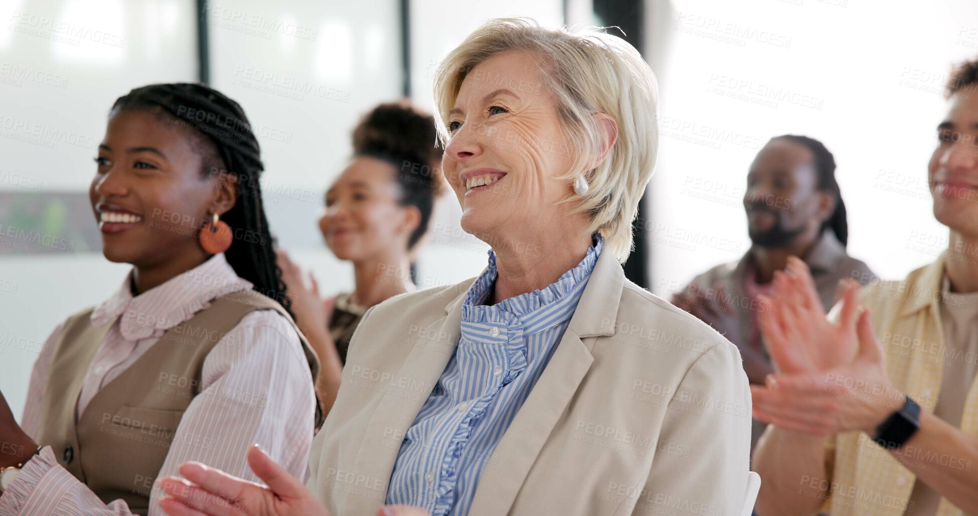 Buy stock photo Applause, audience and woman in conference for training, upskill workshop and achievement. Clap, mature person or attendee at company convention for development success, business celebration or smile