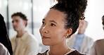 Listening, audience and woman in conference for training, engagement and workshop insight. Learning, person and attendee with seminar crowd for attention, career development or industry knowledge
