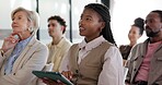 Tablet, audience and woman listen in conference for training, digital notes and upskill workshop. Tech, person and attendee with seminar crowd for attention, career development and industry knowledge