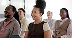 Tablet, audience or woman listen at seminar for training, digital notes or laugh in company workshop. Tech, happy person and conference crowd with funny joke, career development or industry knowledge