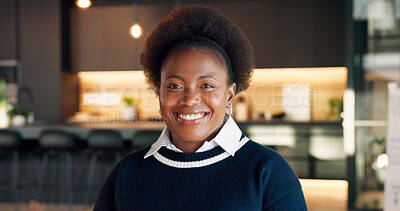 Buy stock photo Interior design, smile and woman in home with portrait, spatial planner and about us as architect. Happy, ambition or black person with confidence, commercial advisor or pride in property improvement