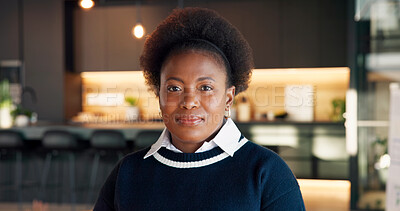 Buy stock photo Interior design, pride or woman in home with portrait, spatial planner or about us as architect. Business, serious or black person with confidence, decor advisor or ambition in property improvement.