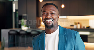Buy stock photo Real estate, smile and broker with portrait, home consultant and positive attitude as listing agent. Happy, realtor and black man with confidence, housing investor and about us in property marketing.