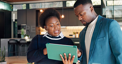 Buy stock photo Event management, tablet and teamwork with people in venue together for seating plan discussion. App, coordination and experience design with partners talking in hosting area for final decisions