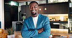 Property, portrait and realtor with arms crossed, home consultant and pride as listing agent. Happy, broker and black man with confidence, housing investor and about us in real estate industry.