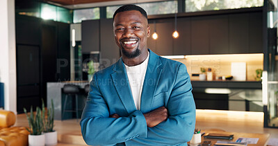 Buy stock photo Property, portrait and realtor with arms crossed, home consultant and pride as listing agent. Happy, broker and black man with confidence, housing investor and about us in real estate industry.