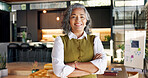 Portrait, smile or interior designer in house with arms crossed, decor stylist or pride as architect. Happy, confidence or mature woman with service, spatial planner or about us in home improvement.