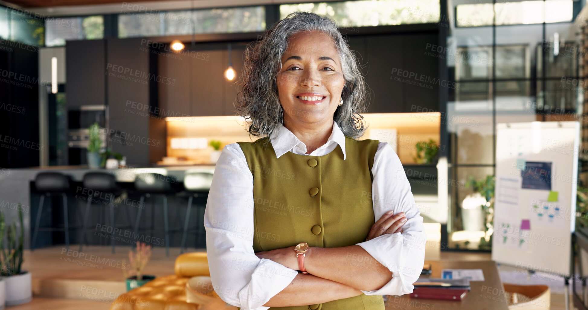 Buy stock photo Portrait, smile or interior designer in house with arms crossed, decor stylist or pride as architect. Happy, confidence or mature woman with service, spatial planner or about us in home improvement.