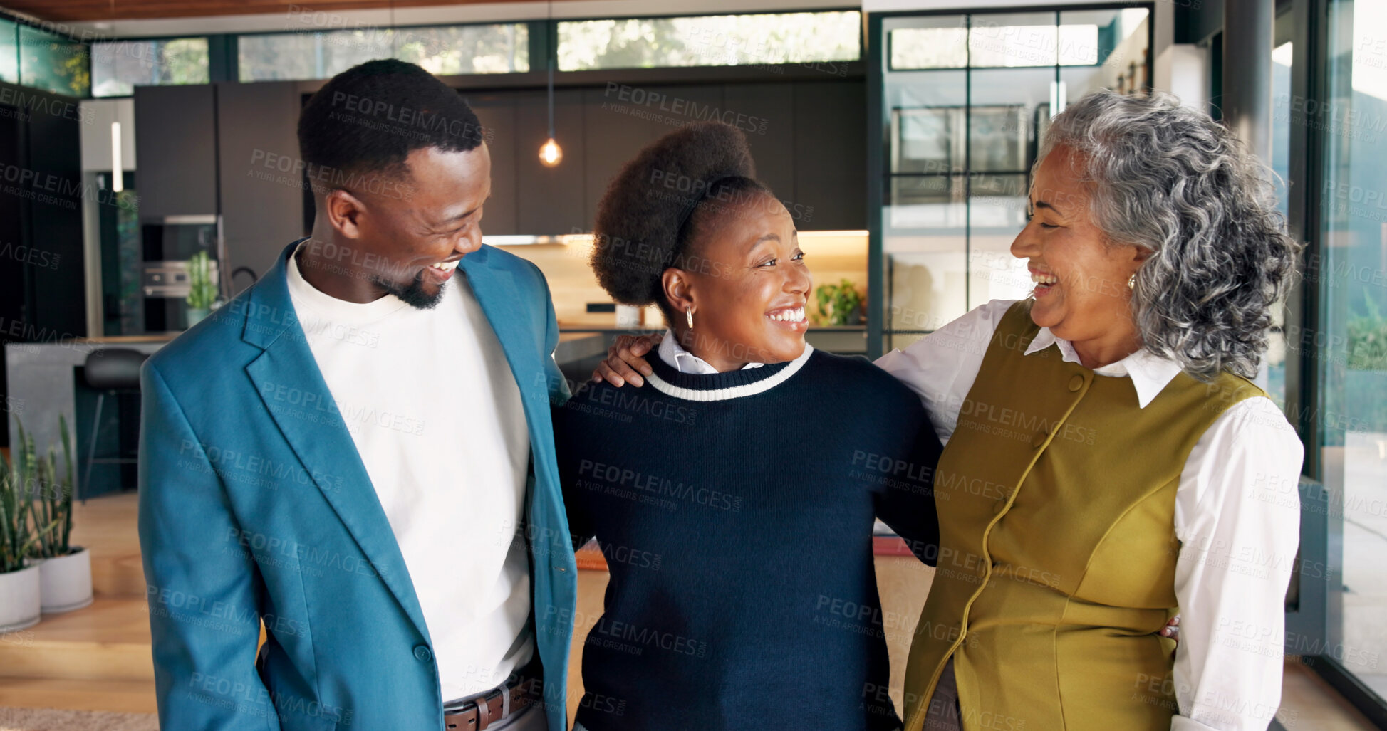 Buy stock photo Interior design, smile or team in home with unity, confidence and about us as architect staff. Happy, people and spatial planner with solidarity, collaboration and pride in property improvement.