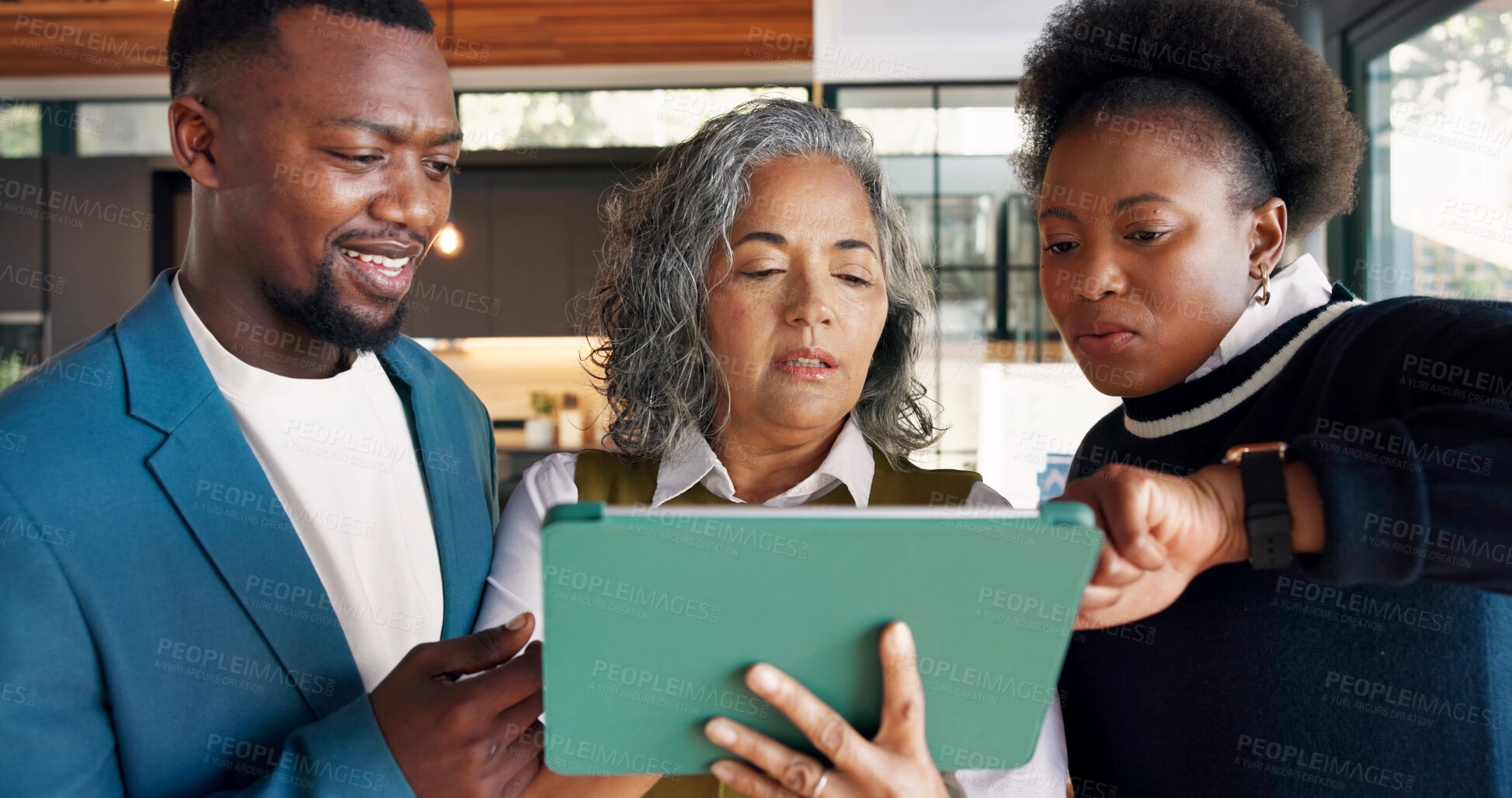 Buy stock photo Event management, planning and tablet with employee team in venue for seating plan discussion. App, coordination and experience design with group of people talking in hosting area for final decision