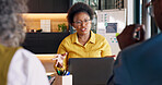Financial advisor, consultation and discussion with laptop in house, online and meeting with people. Wealth management, woman and talking with clients, advice and investment review with tech in home