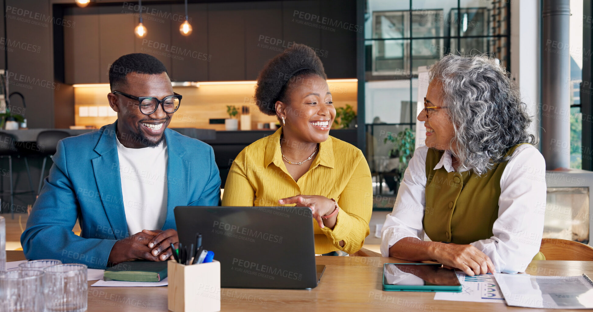 Buy stock photo Real estate, discussion and team with laptop, home valuation and listing review in market analysis. People, group and realtors with tech, investment evaluation and feedback on property advertisement.