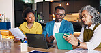 Real estate, discussion and team with tablet, home valuation and listing review in market analysis. People, group and realtors with tech, investment evaluation and feedback on property advertisement.