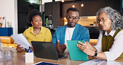 Buy stock photo Real estate, discussion and team with tablet, home valuation and listing review in market analysis. People, group and realtors with tech, investment evaluation and feedback on property advertisement.