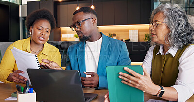 Buy stock photo Real estate, discussion and team with document, home valuation or listing review in market analysis. People, tablet or realtor with laptop, investment evaluation or feedback on property advertisement