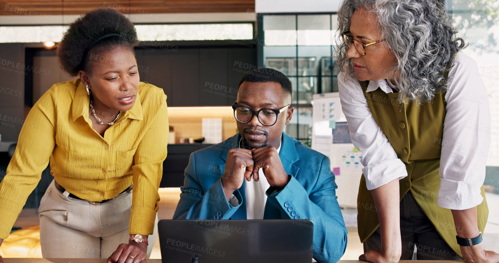 Buy stock photo Real estate, discussion and team with laptop, home valuation and listing review in market analysis. People, group and realtors with tech, investment evaluation and feedback on property advertisement.