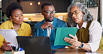 Document, tablet and planning with business people, team solution or property value for real estate. Tech, paperwork and discussion with realtor for house appraisal, listing review and office meeting