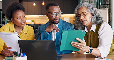 Buy stock photo Document, tablet and planning with business people, team solution or property value for real estate. Tech, paperwork and discussion with realtor for house appraisal, listing review and office meeting