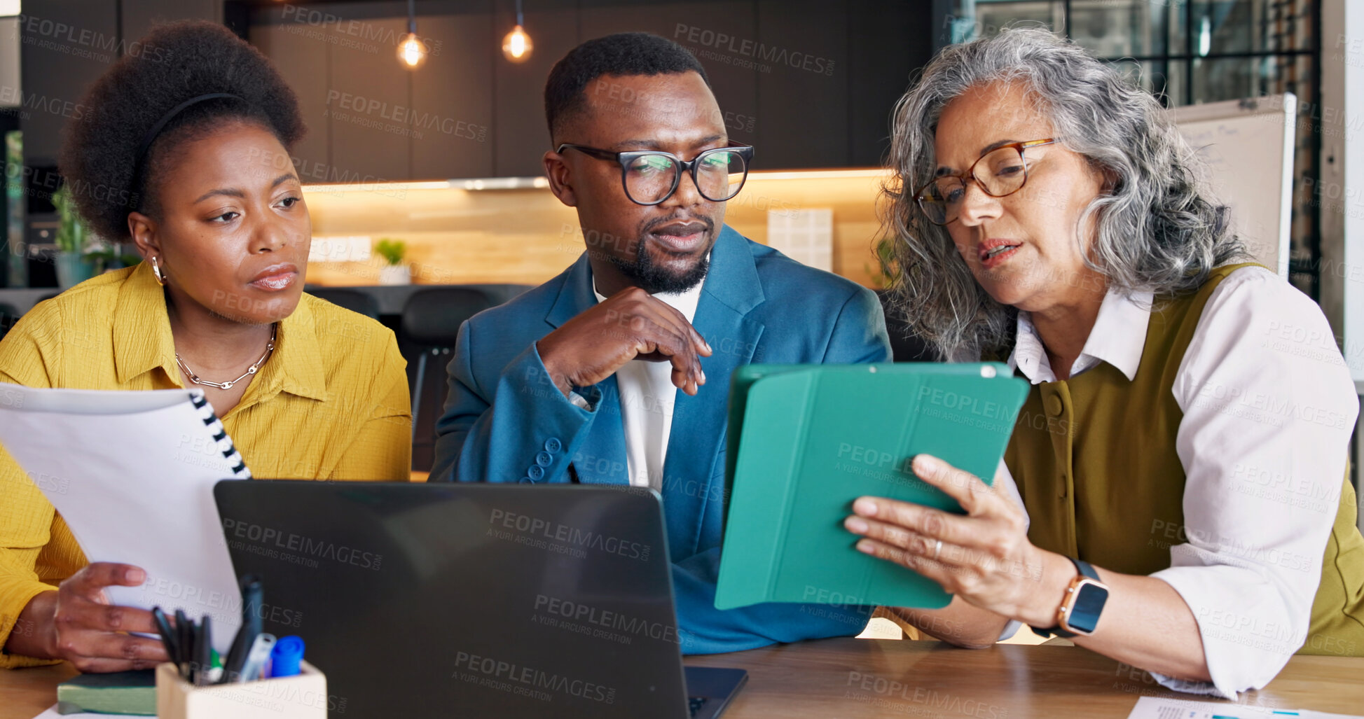 Buy stock photo Document, tablet and planning with business people, team solution or property value for real estate. Tech, paperwork and discussion with realtor for house appraisal, listing review and office meeting