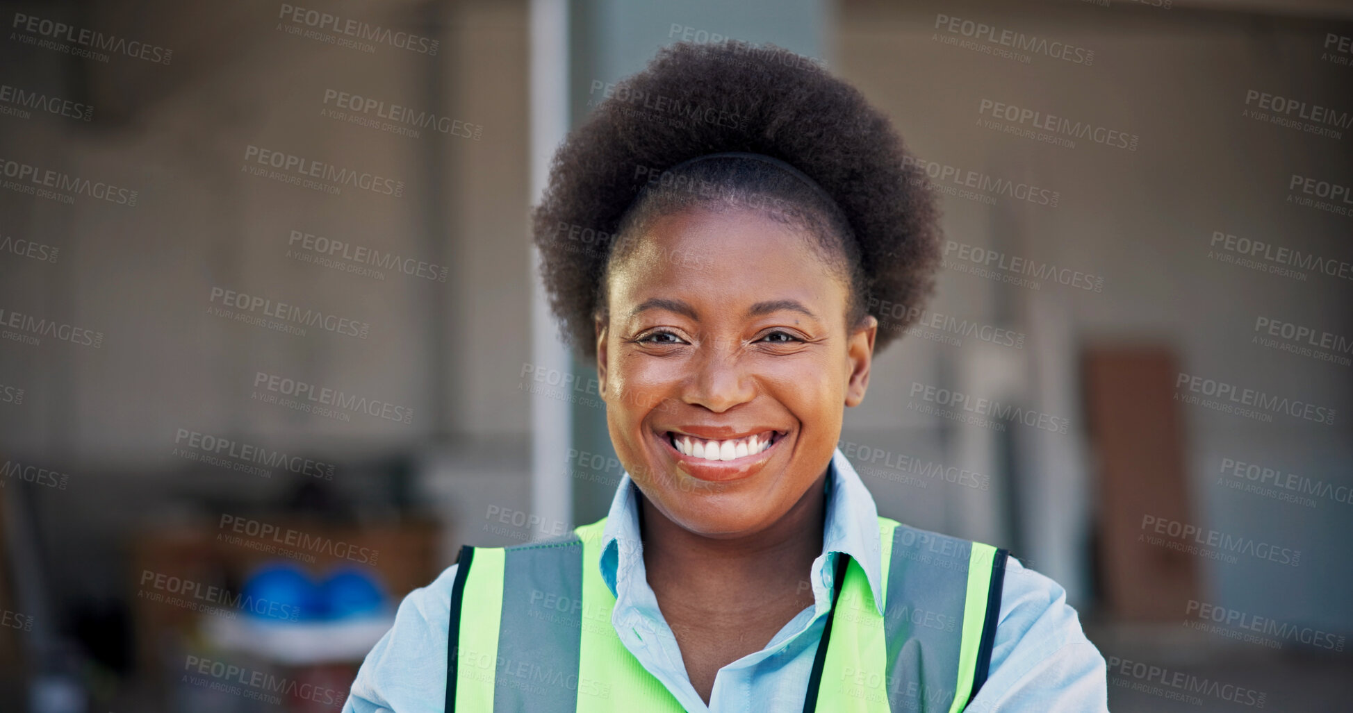 Buy stock photo Happy, woman and engineer at construction site with portrait, infrastructure or property development. Confident, black person and contractor with engineering project, positive attitude or experience.
