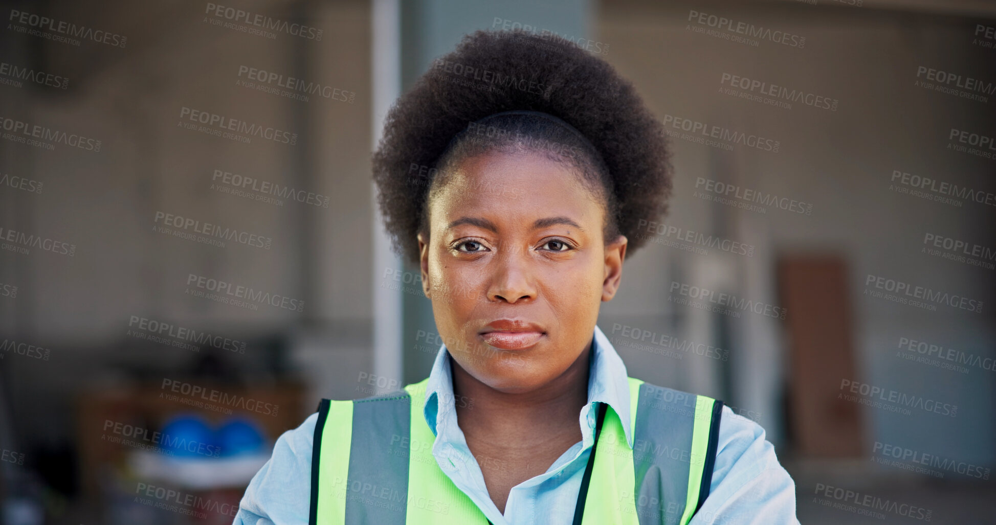 Buy stock photo Serious, woman and engineer at construction site with portrait, renovation and property development. Confident, black person and contractor with civil engineering project, experience and about us.