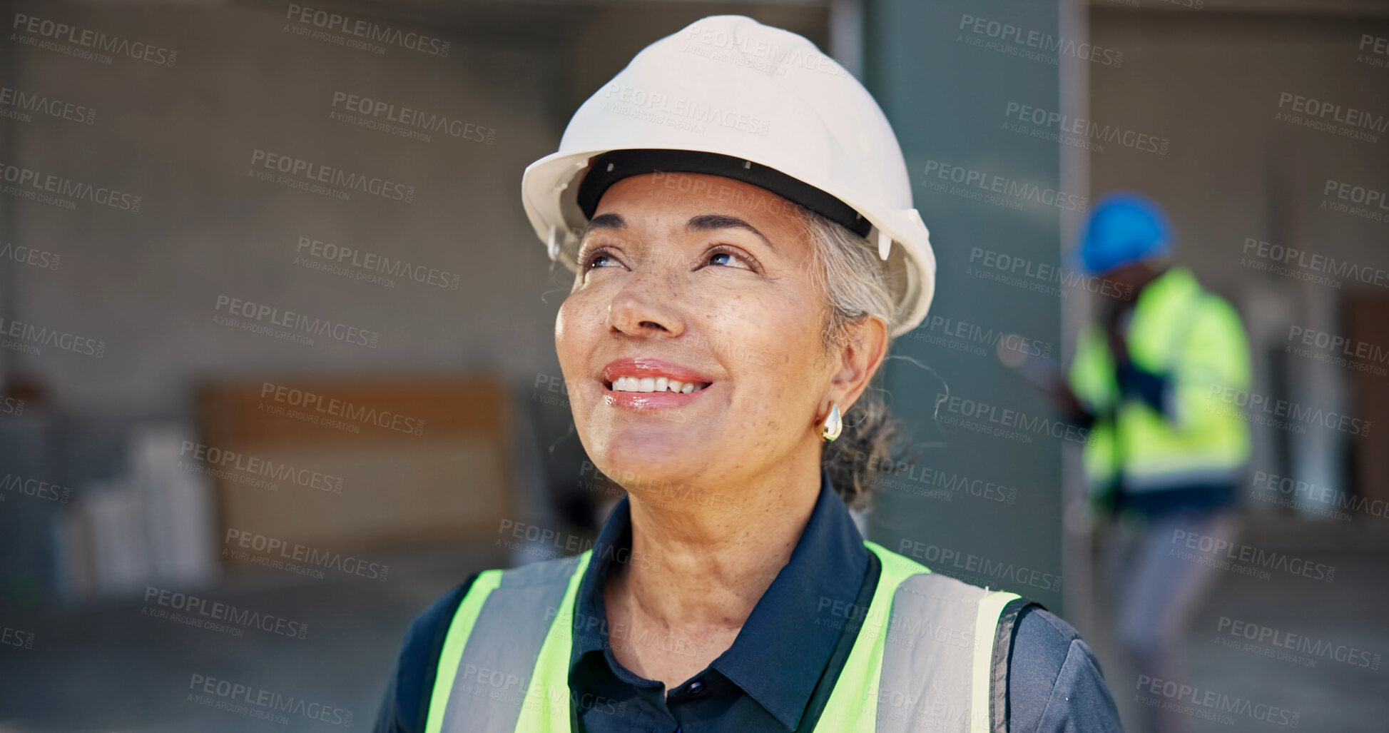 Buy stock photo Engineer, thinking and woman with smile on construction site for inspection, planning or renovation. Surveyor, ideas and happy mature person for property development, building project or remodeling