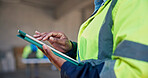 Engineer, scroll and hands with tablet, construction and plan for renovation with digital blueprint. Civil engineering, online and person with tech, architecture and property development in building