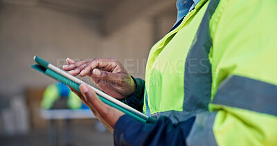 Buy stock photo Engineer, scroll and hands with tablet, construction and plan for renovation with digital blueprint. Civil engineering, online and person with tech, architecture and property development in building