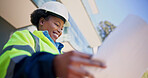 Engineer, reading and happy woman with blueprint, outdoor and plan for renovation project or design. Civil engineering, low angle and black person with paperwork, real estate and property development
