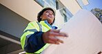 Thinking, engineer and woman with blueprint, outdoor and ideas for property development and design. Civil engineering, low angle and black person with paperwork, reflection and renovation project