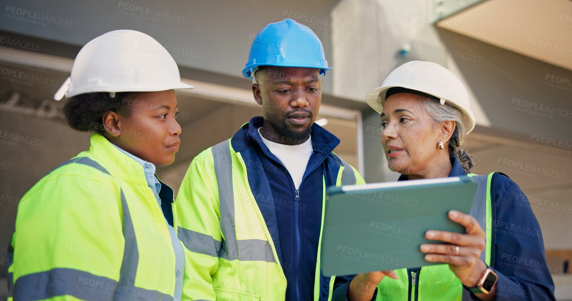 Buy stock photo Manager, engineer and talk at construction site with tablet, plan or explain project to technician. Supervisor, people and discussion in building with tech, engineering or instruction for electrician