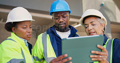 Buy stock photo Engineer, team and talk at construction site with tablet, review design and planning with technician. Supervisor, people and discussion in building with tech, engineering or briefing for electrician.
