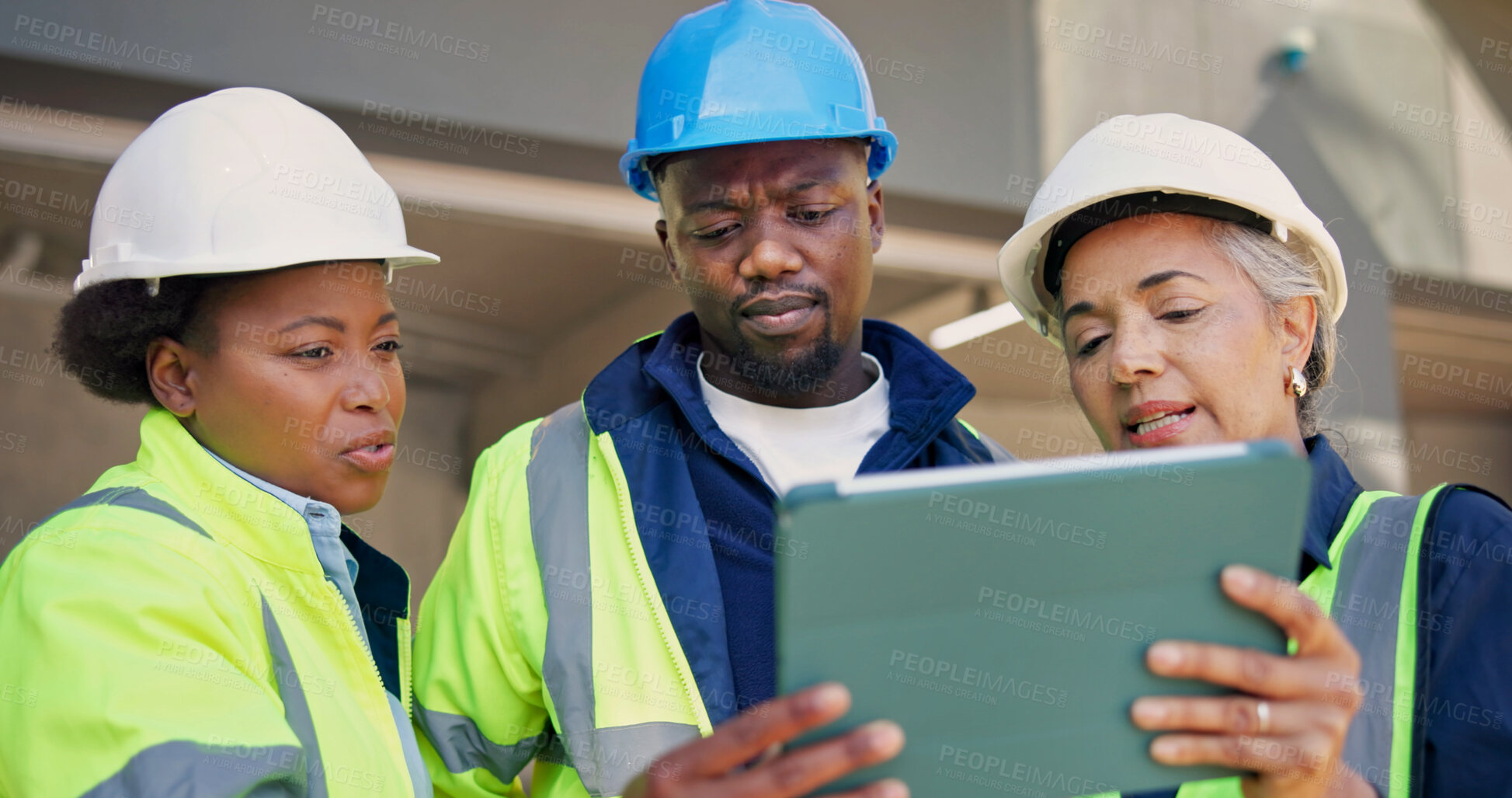 Buy stock photo Engineer, team and talk at construction site with tablet, review design and planning with technician. Supervisor, people and discussion in building with tech, engineering or briefing for electrician.