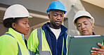 Engineer, team and discussion at construction site with tablet, check design or plan with technician. Supervisor, people and talk in building with tech, engineering and instructions for electrician.
