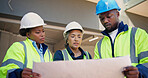 Engineer, reading and team with blueprint, construction and plan for renovation project and design. Civil engineering, low angle and people with paperwork, collaboration and property development