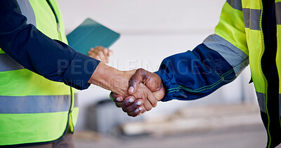 Buy stock photo People, shaking hands and team at construction site for meeting, development collaboration and deal. Engineer, partnership and handshake at worksite for agreement, cooperation and project management